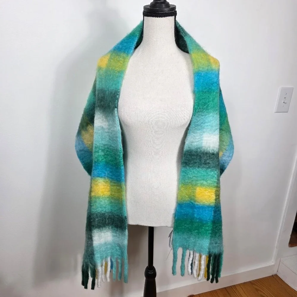 Talbots Plaid Fringe Scarf Women Teal Blue Yellow‎ Green Acrylic Nylon